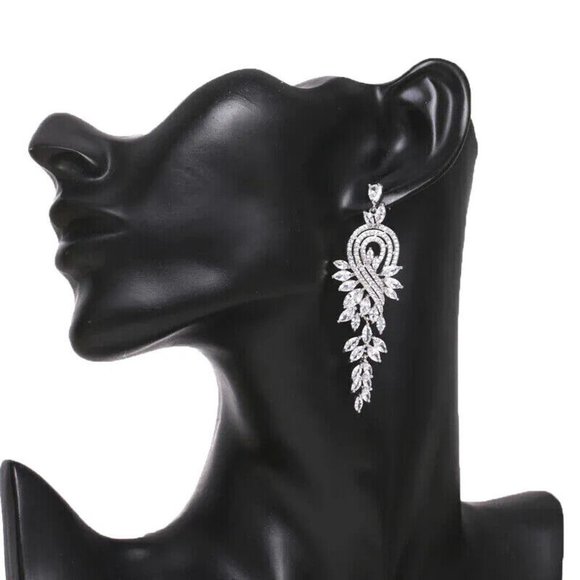 Silver Crystal Dangle Earrings Leaf Tear Drop Earrings Bridesmaid Prom Earrings - Picture 2 of 5